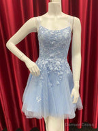 Short Backless Blue Lace Prom Dress, Short Open Back Blue Lace Prom Homecoming Dresses