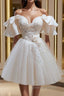 Short Beige Prom Dress, Beige Tulle Lace Homecoming Dresses
