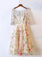 Short Beige Tulle Homecoming Dresses With Embroidery