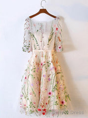 Short Beige Tulle Homecoming Dress With Embroidery