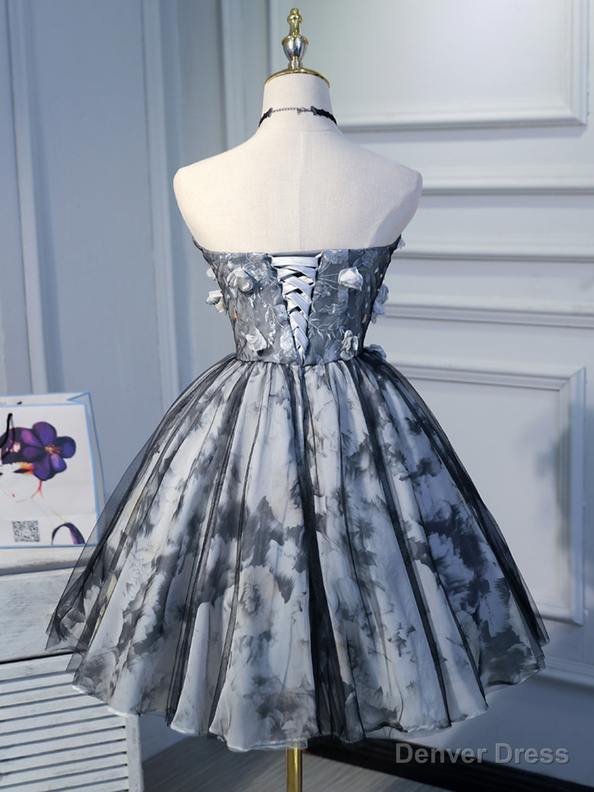 Short Black Floral Prom Dresses, Short Black Floral Formal Homecoming