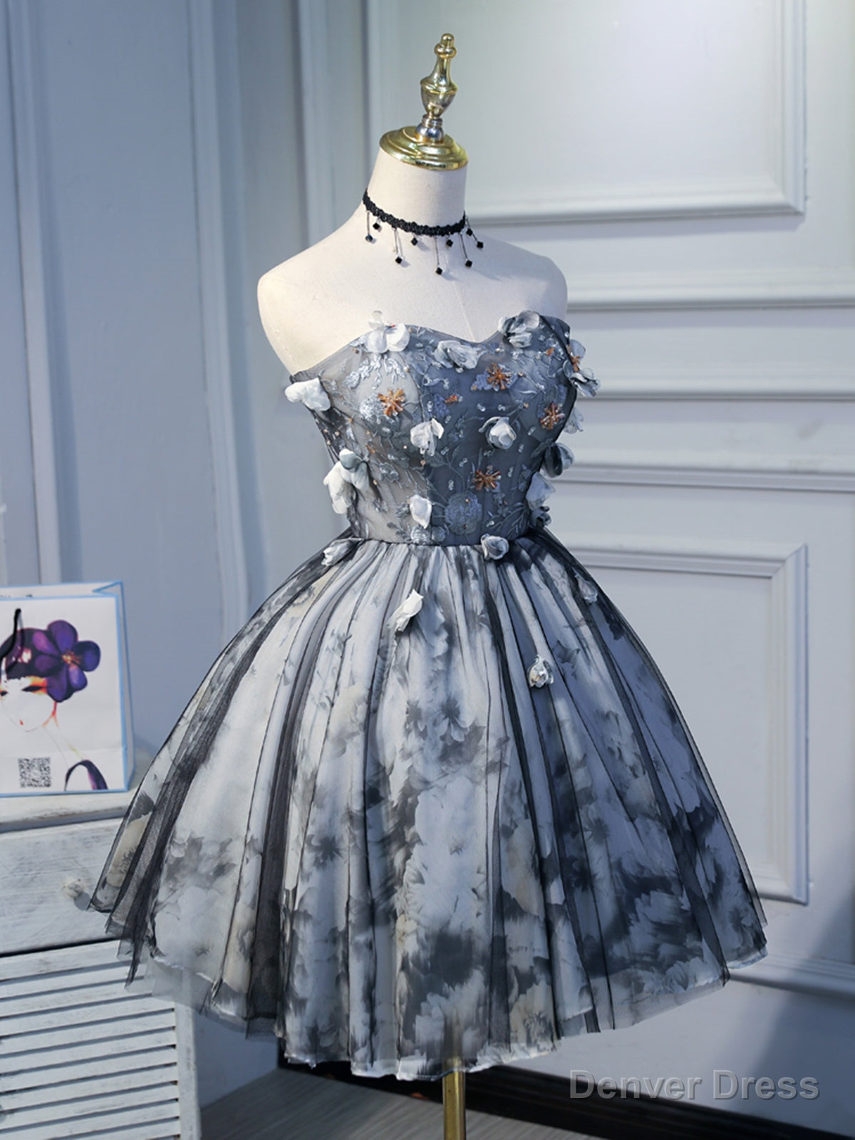 Short Black Floral Prom Dresses, Short Black Floral Formal Homecoming