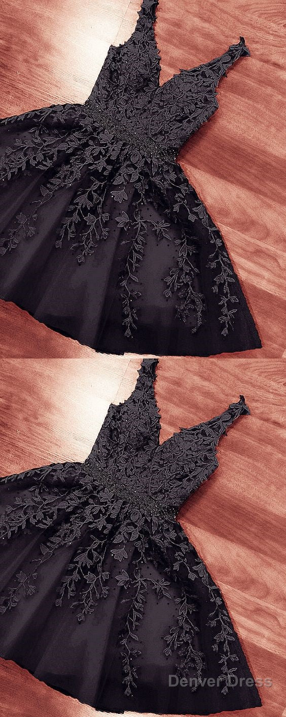 Short Black Lace Embroidery V Neck Homecoming Party Dress For Girls
