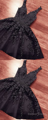 Short Black Lace Embroidery V Neck Homecoming Party Dress For Girls
