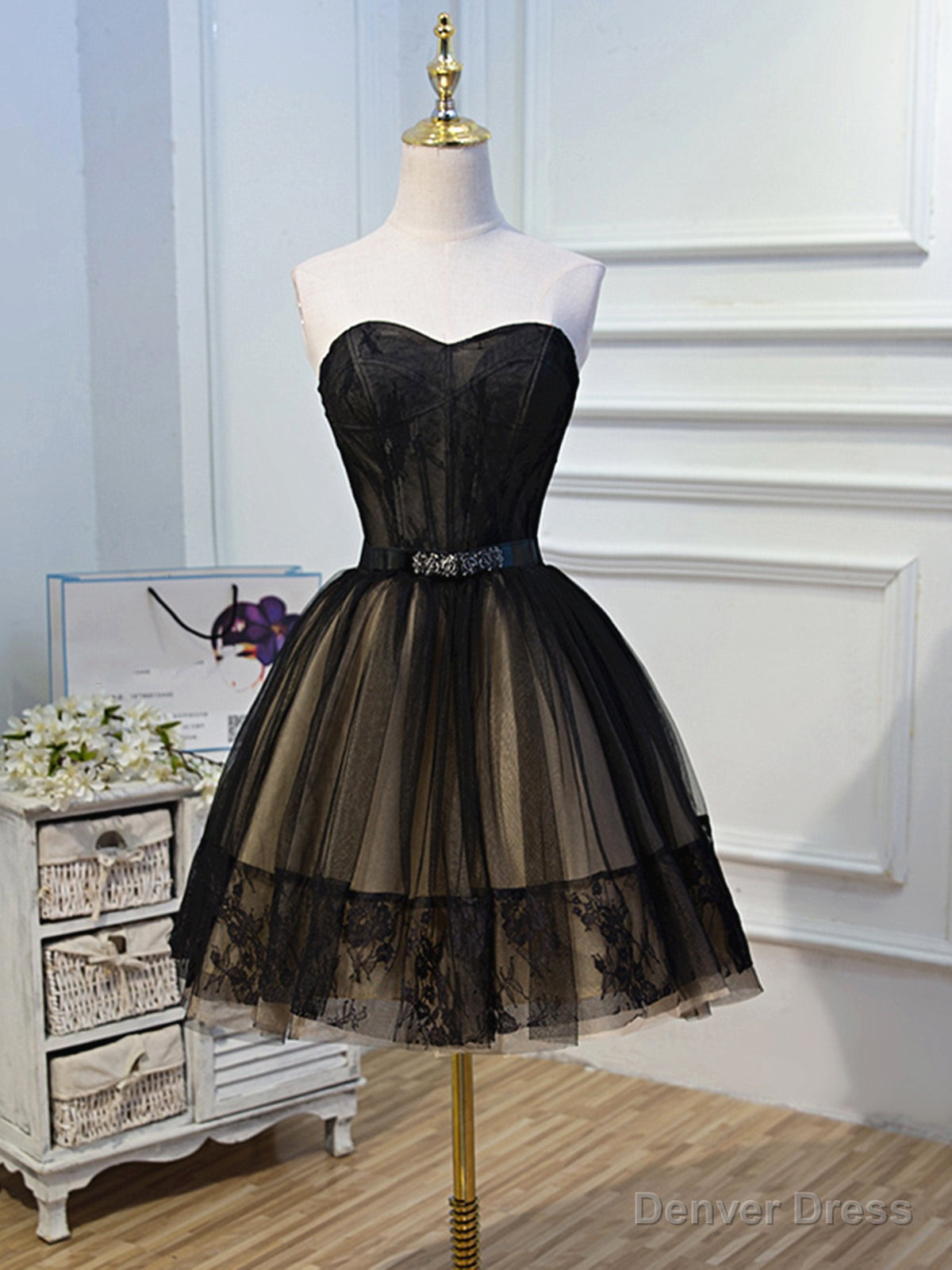 Short Black Lace Prom Dress, Little Black Lace Prom Homecoming Dresses