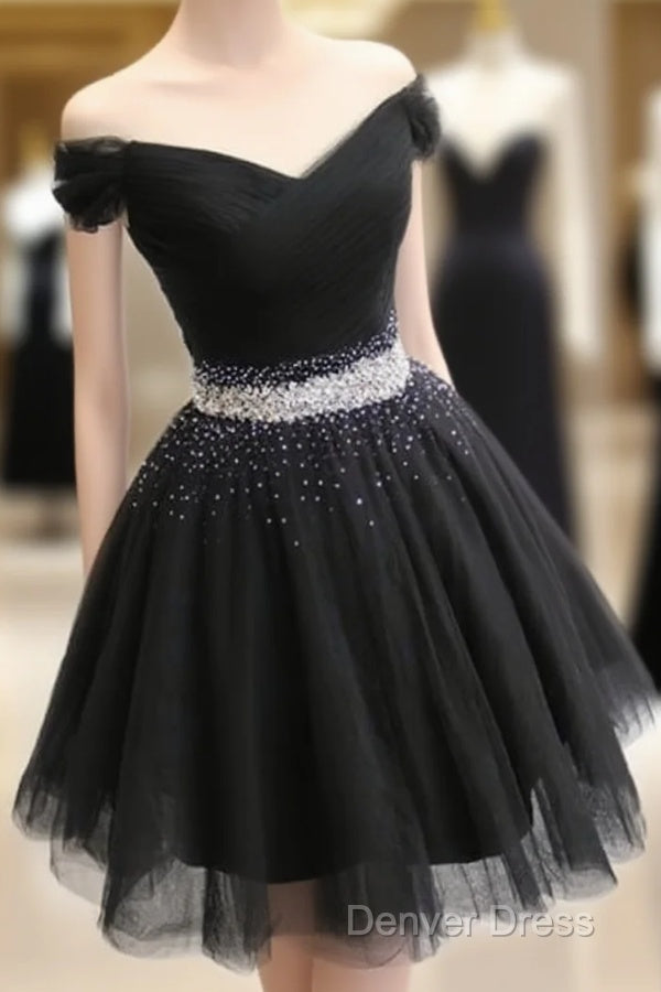 Short Black Tulle Off The Shoulder Dresses Beaded Sashes Main image