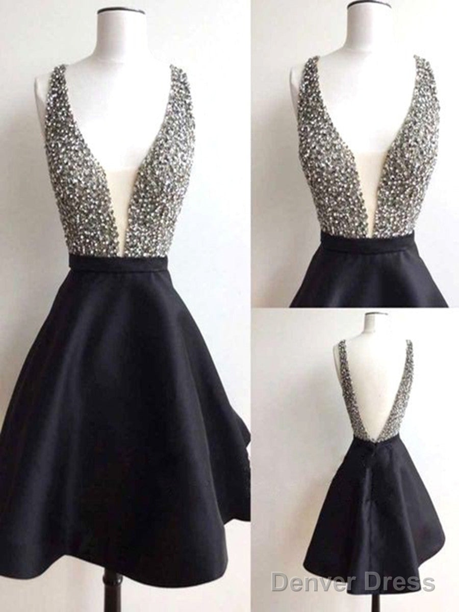 Short Black V Neck Prom Dresses With Beaded Bodice, Black Short Homecoming Dresses, Graduation Dresses Main image