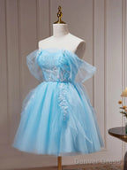 Short Blue Beaded Prom Dress, Short Blue Graduation Homecoming Dresses