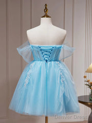 Short Blue Beaded Prom Dresses, Short Blue Graduation Homecoming Dresses