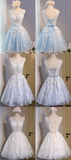 Short Blue Floral Prints Appliques Sleeveless Scoop Neckline Lace Up Back For Teen Lovely Homecoming Dresses