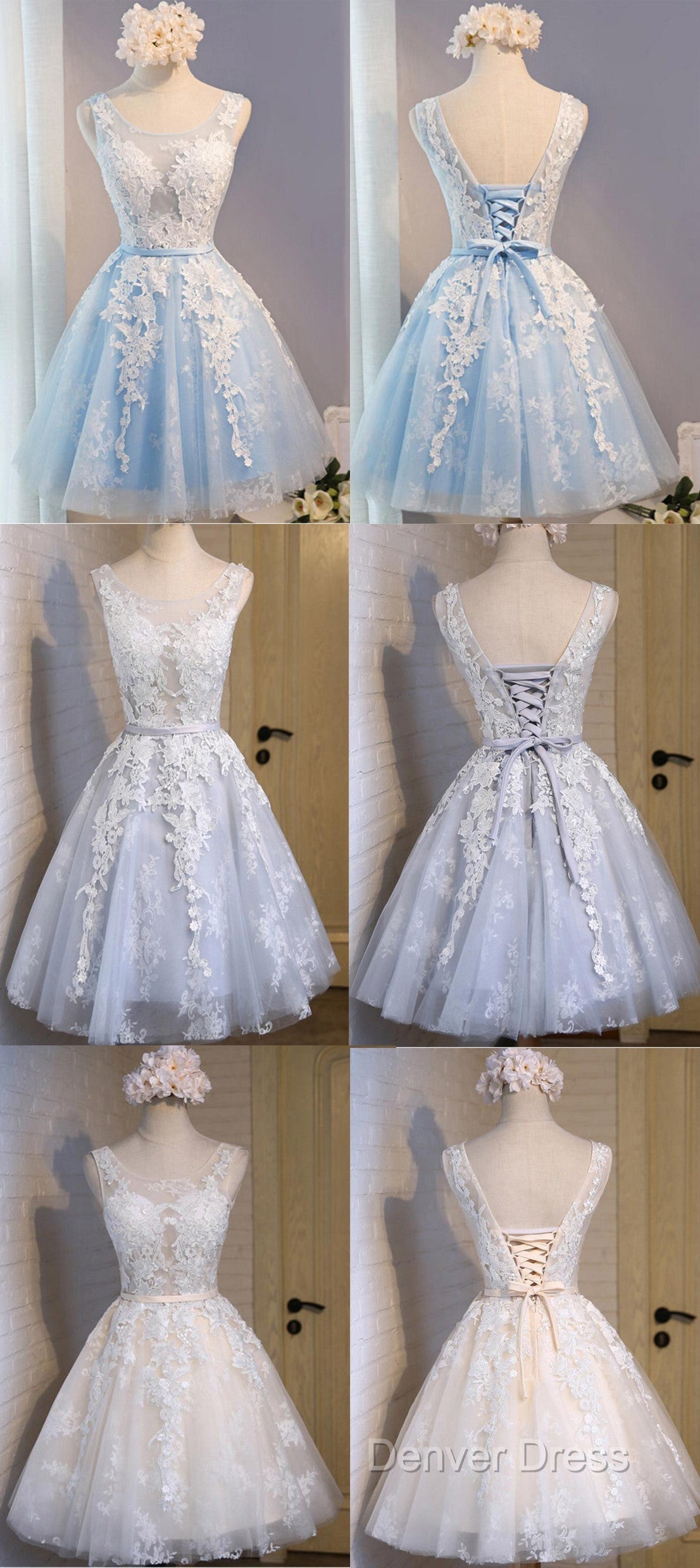 Short Blue Floral Prints Appliques Sleeveless Scoop Neckline Lace Up Back For Teen Lovely Homecoming Dresses