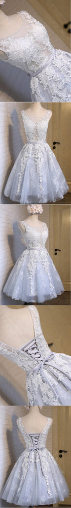 Short Blue Floral Prints Appliques Sleeveless Scoop Neckline Lace Up Back For Teen Lovely Homecoming Dresses