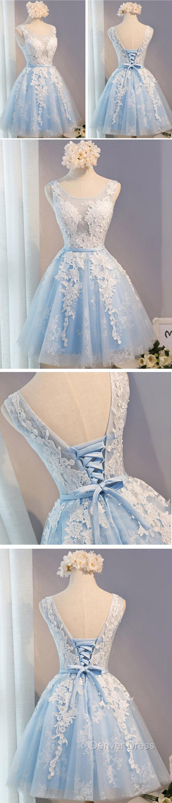 Short Blue Floral Prints Appliques Sleeveless Scoop Neckline Lace Up Back For Teen Lovely Homecoming Dresses