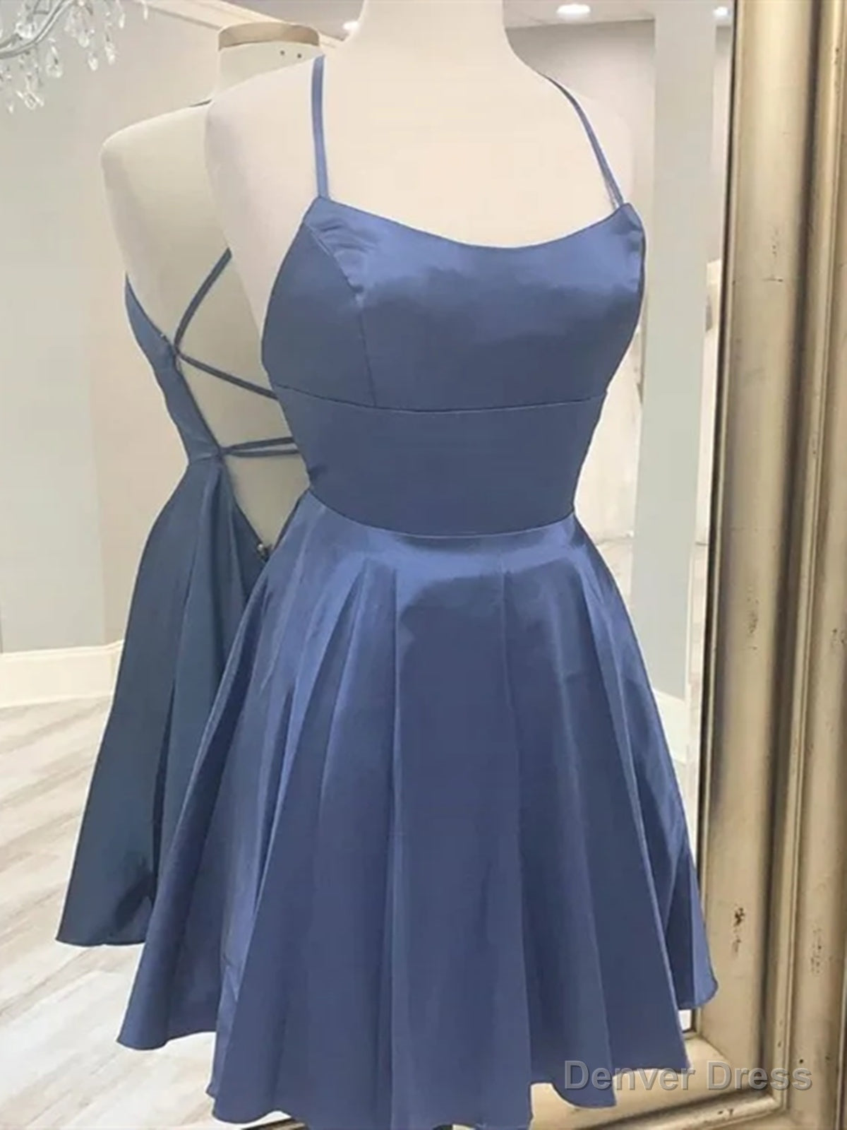Short Blue Gray Backless Prom Dress, Open Back Blue Gray Short Prom Homecoming Dresses