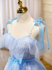Short Blue Lace Prom Dresses, Short Blue Lace Formal Graduation Dresses