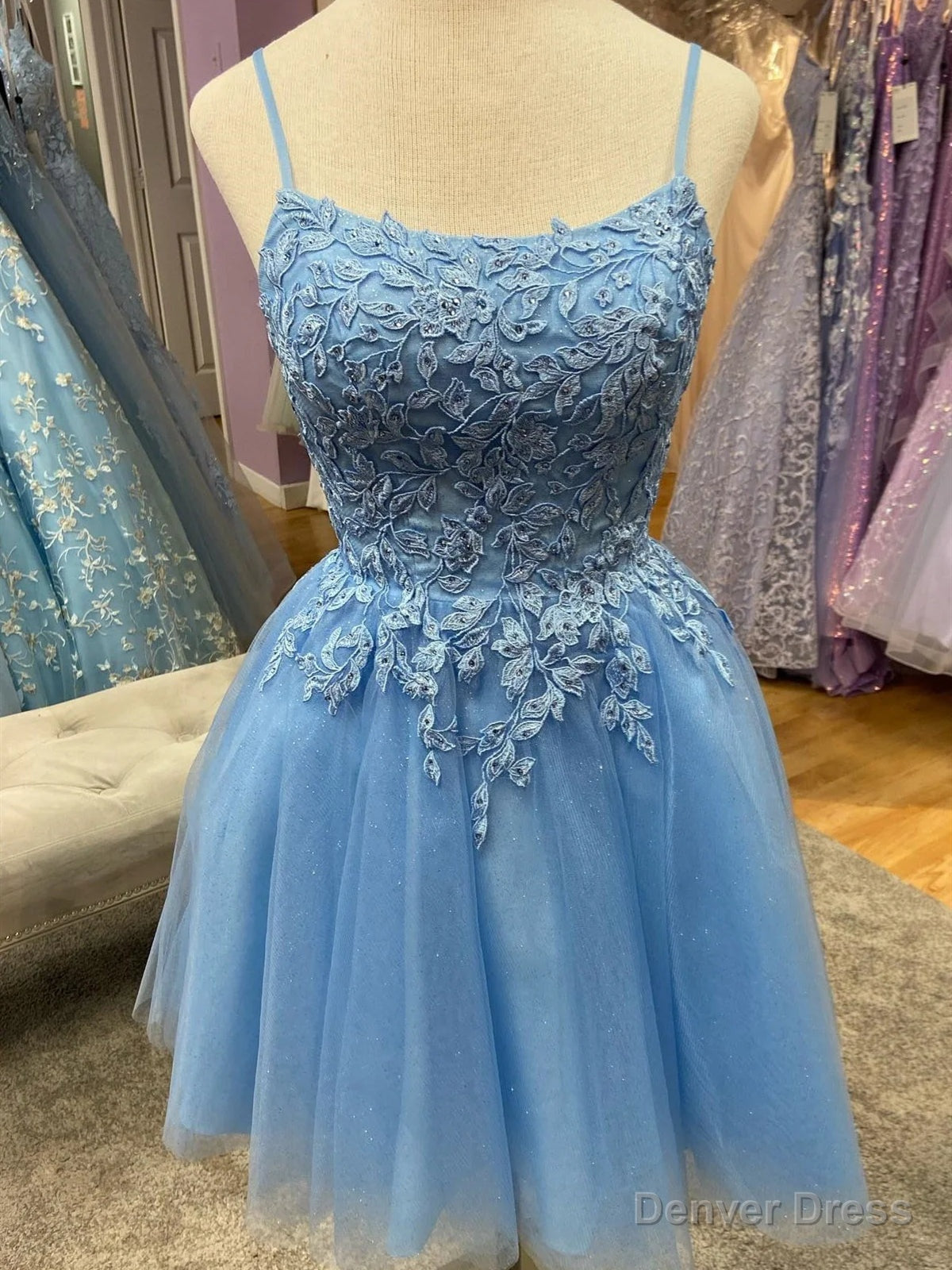 Short Blue Lace Prom Dress, Short Blue Lace Graduation Homecoming Prom Dresses