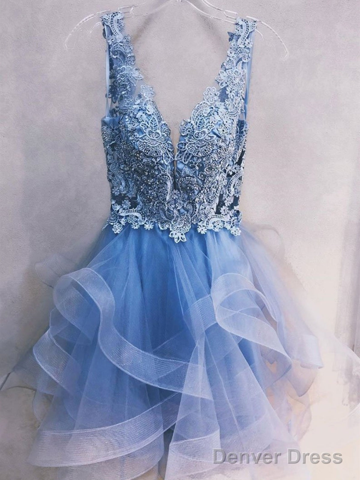 Short Blue Lace Prom Dress, Short Blue Lace Homecoming Graduation Prom