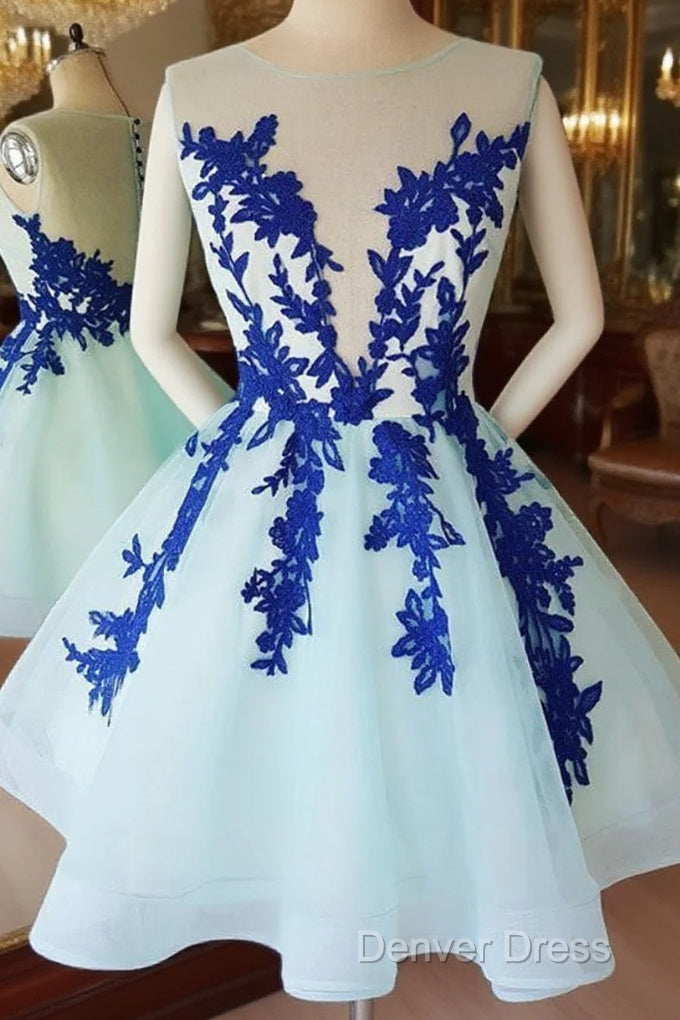 Short Blue Lace Tulle Prom Dresses, Short Blue Lace Homecoming Graduation Dresses Main image