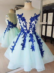 Short Blue Lace Tulle Prom Dresses, Short Blue Lace Homecoming Graduation Dresses