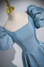 Short Blue Satin Long Prom Dress, Short Blue Satin Long Prom Dresses