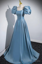 Short Blue Satin Long Prom Dress, Short Blue Satin Long Prom Dresses