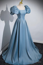 Short Blue Satin Long Prom Dress, Short Blue Satin Long Prom Dresses