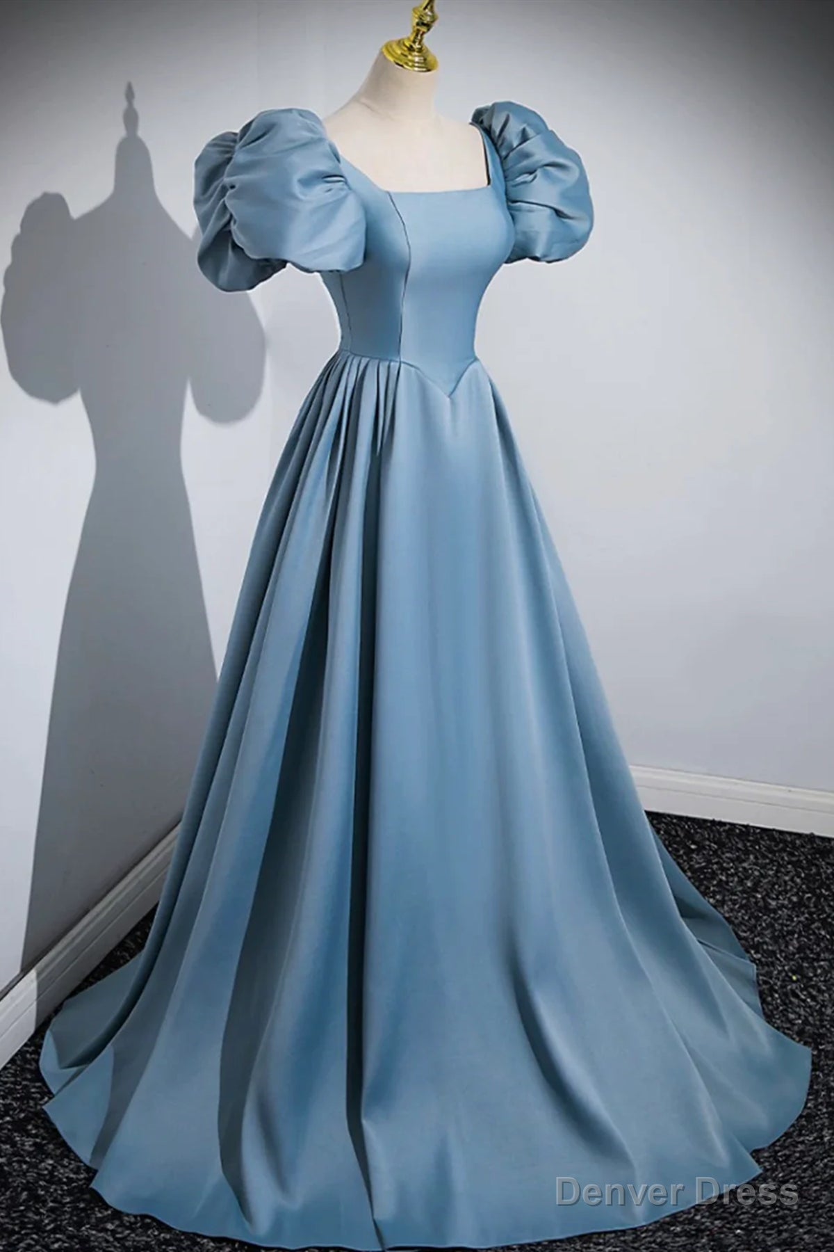 Short Blue Satin Long Prom Dress, Short Blue Satin Long Prom Dresses
