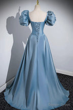 Short Blue Satin Long Prom Dress, Short Blue Satin Long Prom Dresses