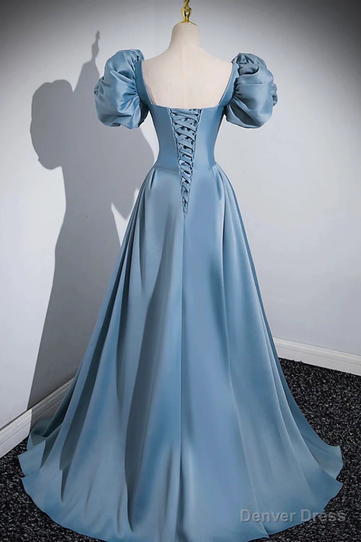 Short Blue Satin Long Prom Dress, Short Blue Satin Long Prom Dresses