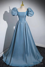 Short Blue Satin Long Prom Dress, Short Blue Satin Long Prom Dresses
