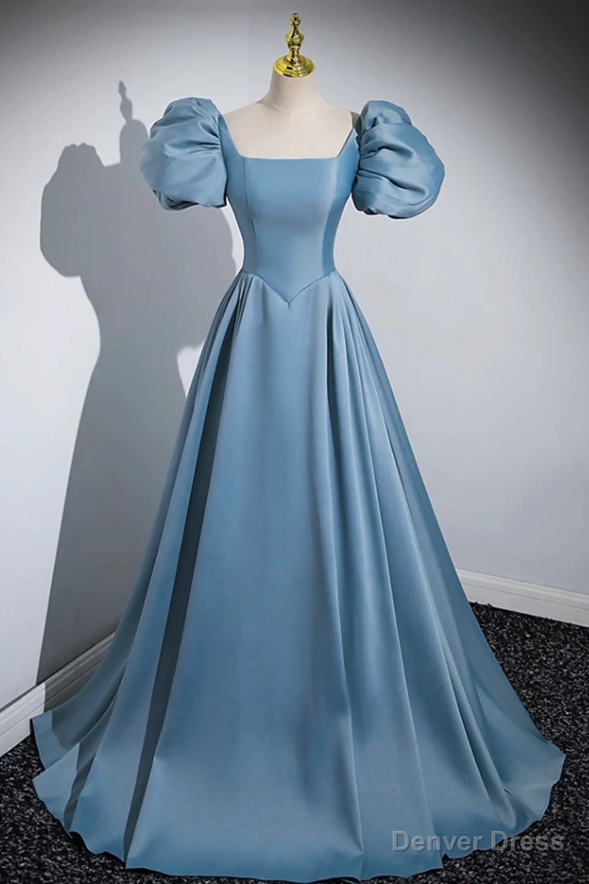 Short Blue Satin Long Prom Dress, Short Blue Satin Long Prom Dresses