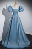 Short Blue Satin Long Prom Dress, Short Blue Satin Long Prom Dresses