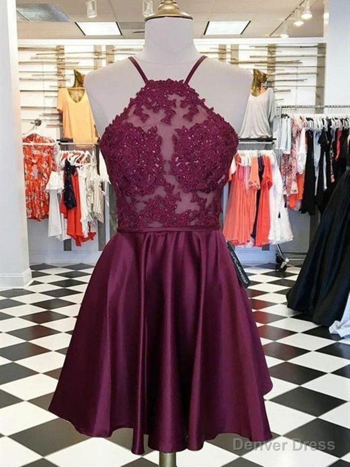Short Burgundy Lace Prom Dress, Burgundy Lace Prom Homecoming Graduation Dresses
