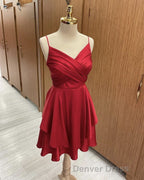 Short Burnt Orange Satin Cocktail Dress V Neck Semi Prom Dresses