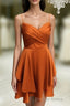 Short Burnt Orange Satin Cocktail Dress V Neck Semi Prom Dresses