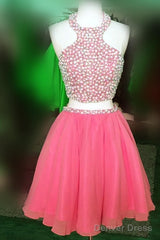 Short Candy Pink Homecoming Dresses Pearl Beaded Halter