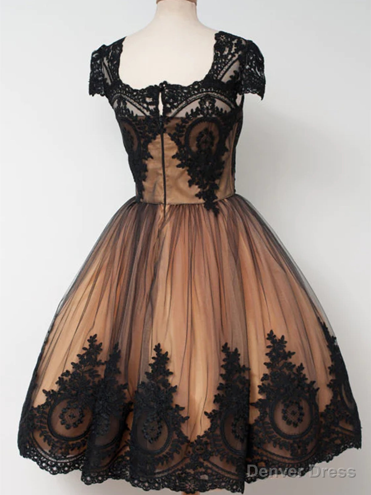 Short Cap Sleeves Black Lace Prom Dress, Short Black Lace Graduation Homecoming Dresses