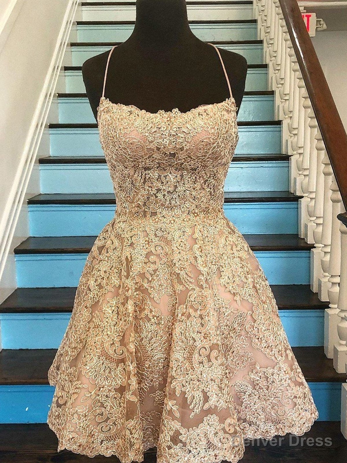 Short Champagne Backless Lace Prom Dresses, Short Lace Formal Graduation Homecoming Dresses Main image