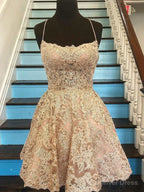Short Champagne Backless Lace Prom Dress, Short Lace Prom Graduation Homecoming Dresses