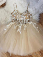 Short Champagne Lace Prom Dresses, Short Champagne Lace Graduation Homecoming Dresses