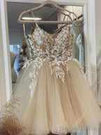 Short Champagne Lace Prom Dresses, Short Champagne Lace Graduation Homecoming Dresses