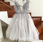 Short Crystal Beaded Tulle V Neck Prom Homecoming Dresses