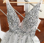 Short Crystal Beaded Tulle V Neck Prom Homecoming Dresses