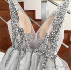 Short Crystal Beaded Tulle V Neck Prom Homecoming Dresses