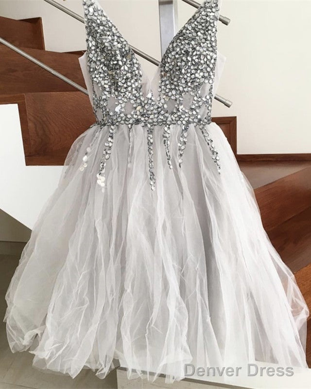 Short Crystal Beaded Tulle V Neck Prom Homecoming Dresses