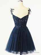 Short Dark Navy Blue Lace Prom Dress, Dark Blue Lace Prom Homecoming Dresses