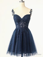 Short Dark Navy Blue Lace Prom Dress, Dark Blue Lace Prom Homecoming Dresses