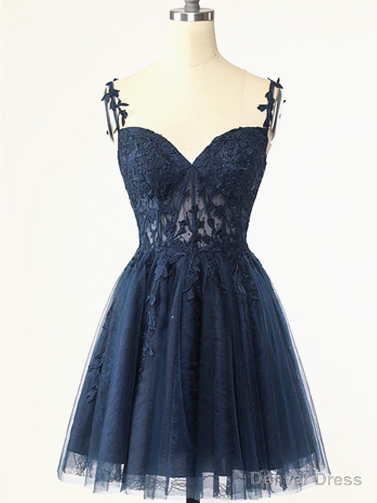Short Dark Navy Blue Lace Prom Dress, Dark Blue Lace Prom Homecoming Dresses