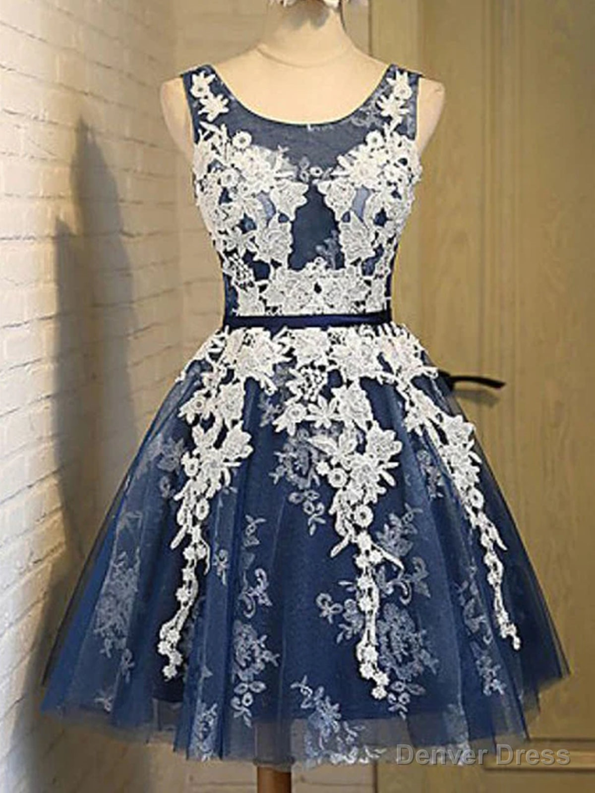 Short Dark Navy Blue Prom Dress with White Lace, Short Dark Navy Blue Graduation Homecoming Dresses Main image