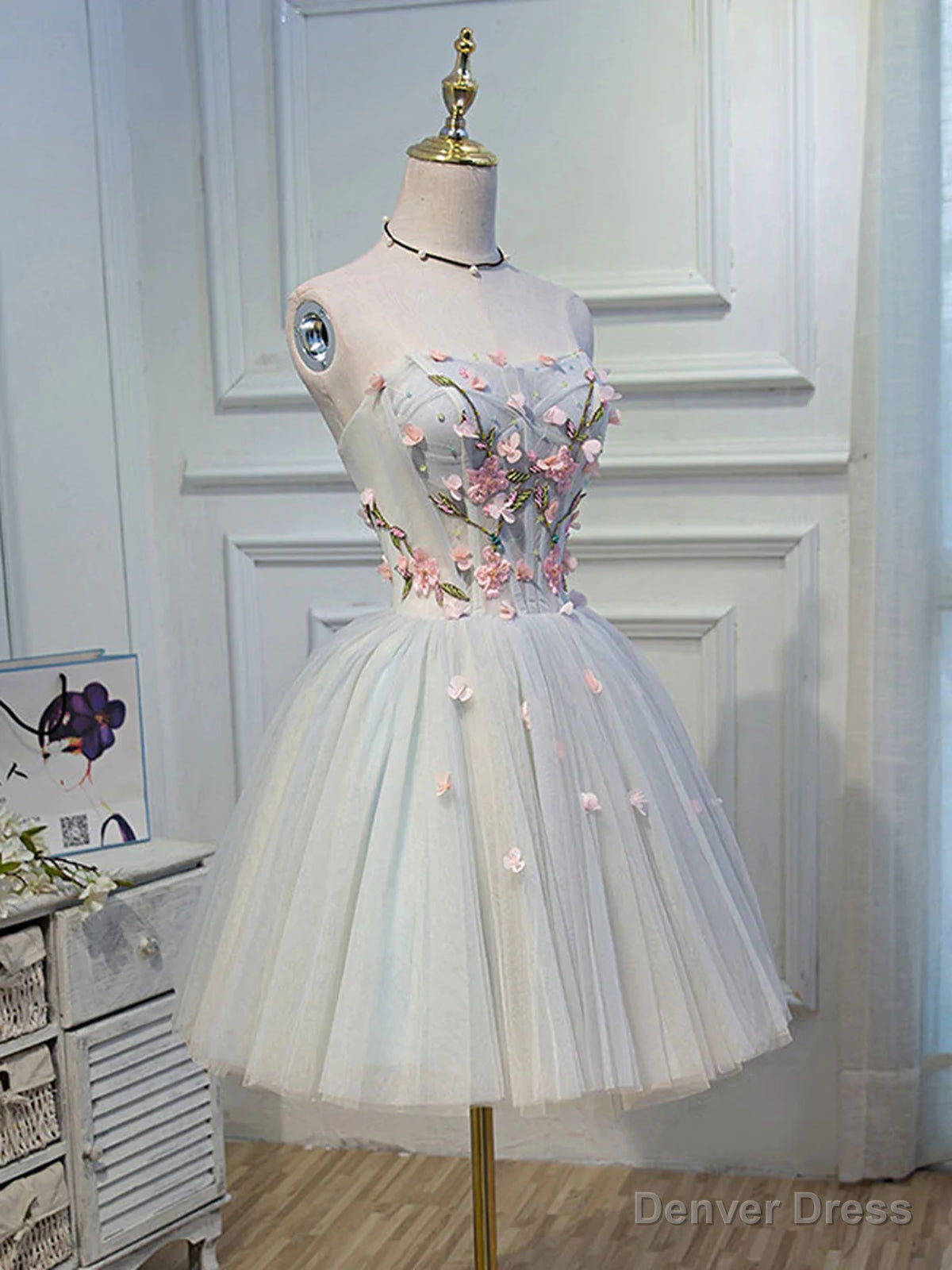 Short Floral Tulle Prom Dress, Short Floral Tulle Prom Homecoming Dresses